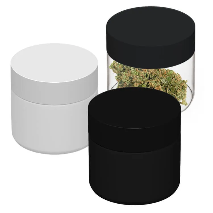 Blank 2oz Glass Jars Three blank glass jars, clear, white and black with different logo placements.