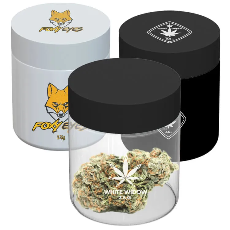 3 Oz Custom Print Glass Jars Three customizable glass jars, clear, white and black with different logo placements