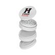 a white 63mm metal grinder displaying a full color logo on its cap