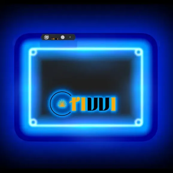 Custom LED Glow Rolling Tray – 11" x 8.5" with Multi-Color Lighting Custom 11" x 8.5" LED glow rolling tray with full-color logo and multi-color lighting for branded smoking accessories