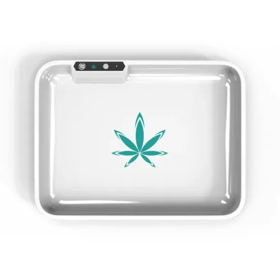 Custom LED Glow Rolling Tray – 11" x 8.5" with Multi-Color Lighting Custom 11" x 8.5" LED glow white rolling tray with full-color logo and multi-color lighting for branded smoking accessories