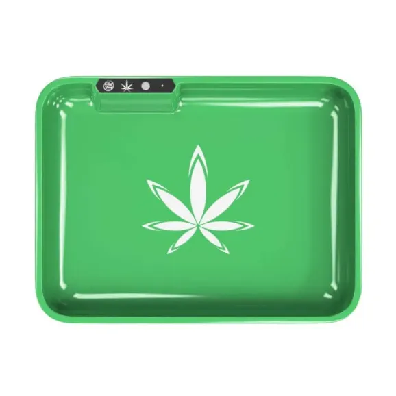 Custom LED Glow Rolling Tray – 11" x 8.5" with Multi-Color Lighting Custom 11" x 8.5" LED glow green rolling tray with full-color logo and multi-color lighting for branded smoking accessories