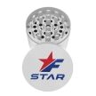 f-star a white 63mm metal grinder displaying a full color logo on its cap