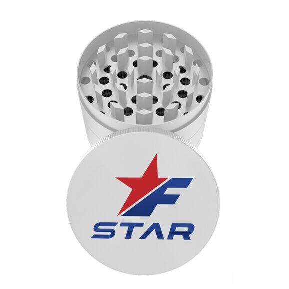 f-star a white 63mm metal grinder displaying a full color logo on its cap