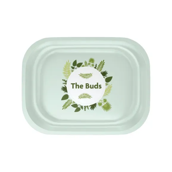 Full Custom Printed Rolling Tray – Small (7.1" x 5.5") Full custom printed 7.1" x 5.5" small metal rolling white tray with edge-to-edge logo design