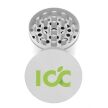 icc a white 63mm metal grinder displaying a full color logo on its cap