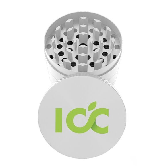 icc a white 63mm metal grinder displaying a full color logo on its cap