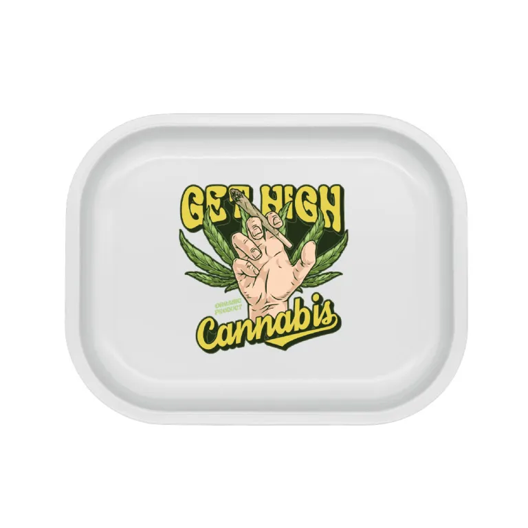 Small Quick Print Metal Rolling Tray – 7.1" x 5.5" Small 7.1" x 5.5" white metal rolling tray with quick full-color logo printing
