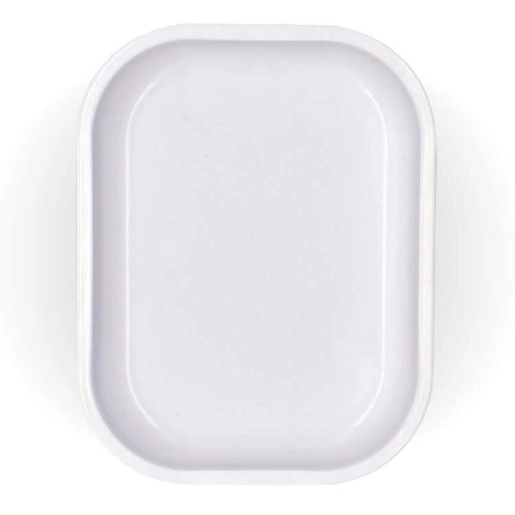 Small Quick Print Metal Rolling Tray – 7.1" x 5.5" Small 7.1" x 5.5" white metal rolling tray with quick full-color logo printing