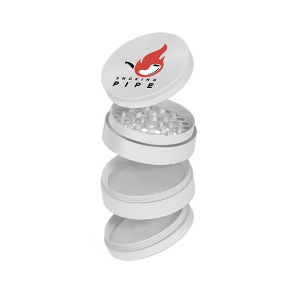 smoking-pipe a white 63mm metal grinder displaying a full color logo on its cap