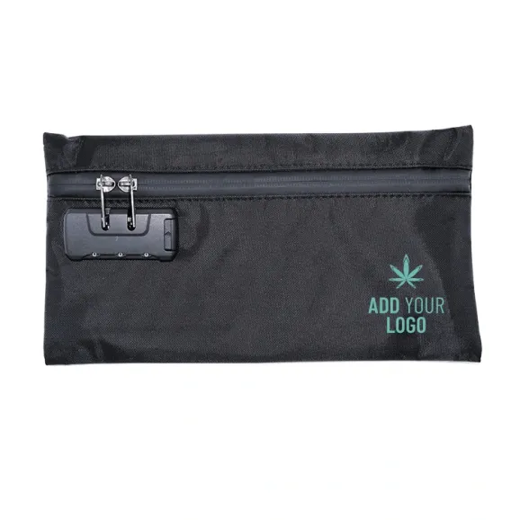 Custom Black Stash Bag With Combination Lock Black custom smell proof bag with zipper closure and combination lock, ready for branding