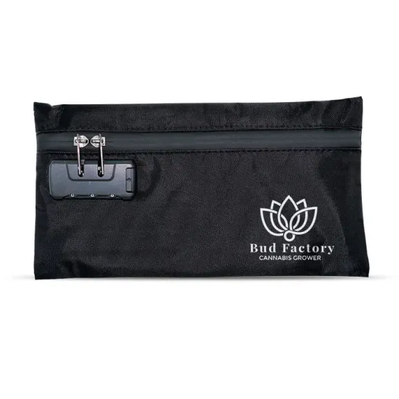 Custom Stash Bag With Combinatin Lock Black Black smell proof bag with zipper closure and combination lock, ready for branding