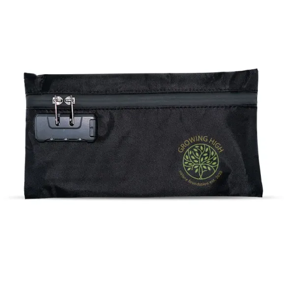 Customizable Smell Proof Zipper Bag with Lock Black smell proof bag with zipper closure and combination lock, ready for branding
