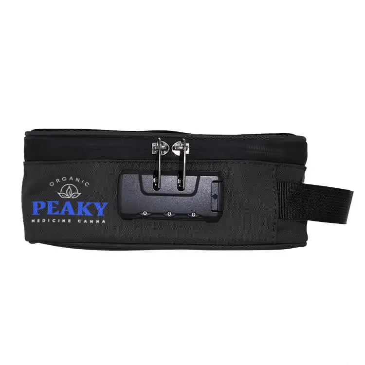 Custom Black Stash Carrying Case With Combination Lock Black smell proof bag with zipper closure and combination lock, ready for branding