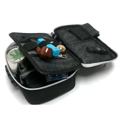 Custom Black Stash Carrying Case With Combination Lock Black smell proof bag with zipper closure and combination lock, ready for branding