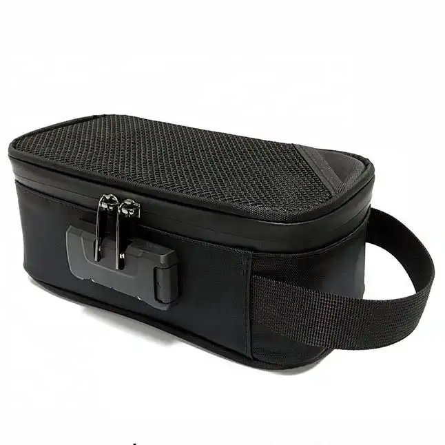 Custom Black Stash Carrying Case With Combination Lock Black smell proof bag with zipper closure and combination lock, ready for branding