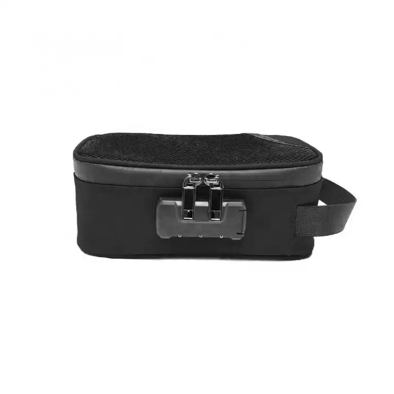 Custom Black Stash Carrying Case With Combination Lock Black smell proof bag with zipper closure and combination lock, ready for branding