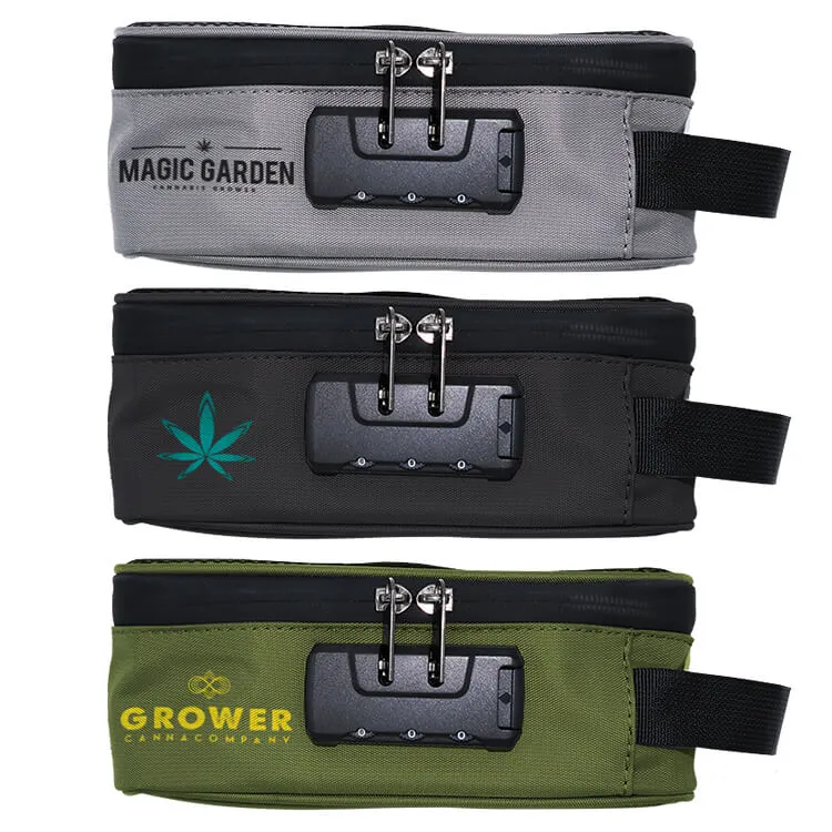 Gray, Black and Green Stash Carrying Case With Combination Logo Full Color smell proof bag with zipper closure and combination lock, gray, black and green, ready for branding
