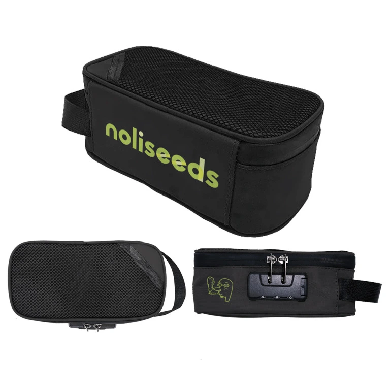 Black Stash Carrying Case With Combination Lock Black smell proof bag with zipper closure and combination lock, ready for branding