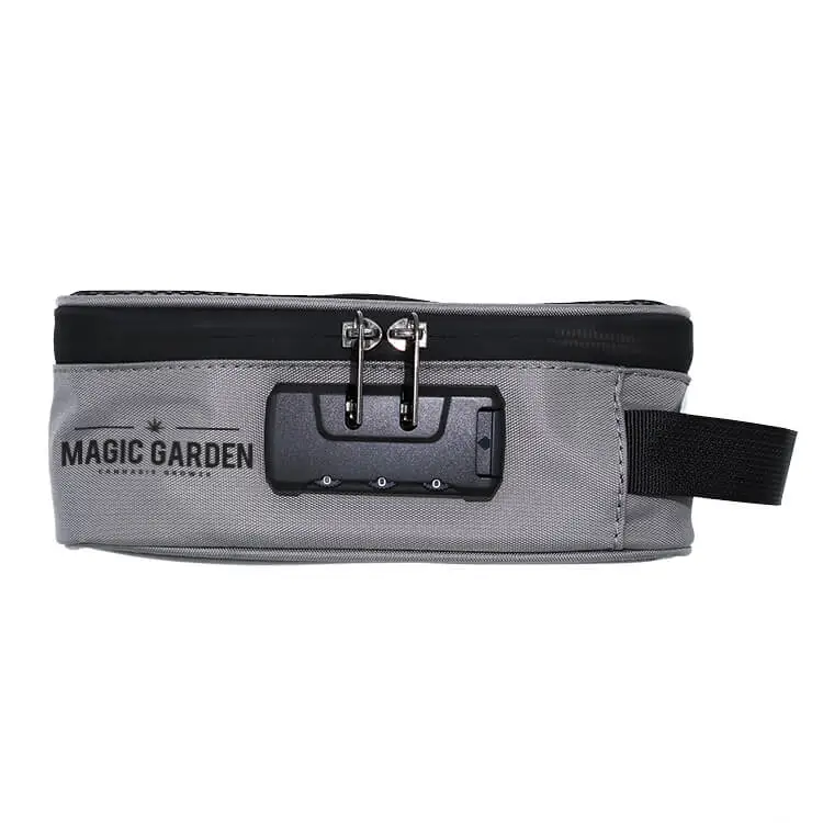 Gray Stash Carrying Case With Combination Lock Gray smell proof bag with zipper closure and combination lock, ready for branding