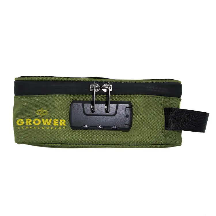 Green Stash Carrying Case With Combination Lock Green smell proof bag with zipper closure and combination lock, ready for branding