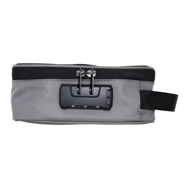 Custom Gray Stash Carrying Case With Combination Lock Custom gray smell proof bag with zipper closure and combination lock, ready for branding