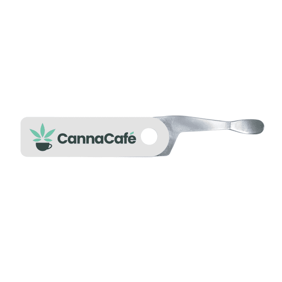 dab-key-white-cannacafe custom white dab tool keychain with a full color logo print
